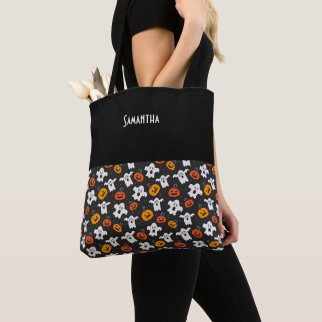 Kids Halloween Spooky Ghosts & Jack oLanterns Name Tote Bag (Close Up)