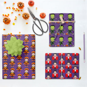 Kids’ Halloween Vampire, Pumpkin, & Frankenstein Wrapping Paper Sheets