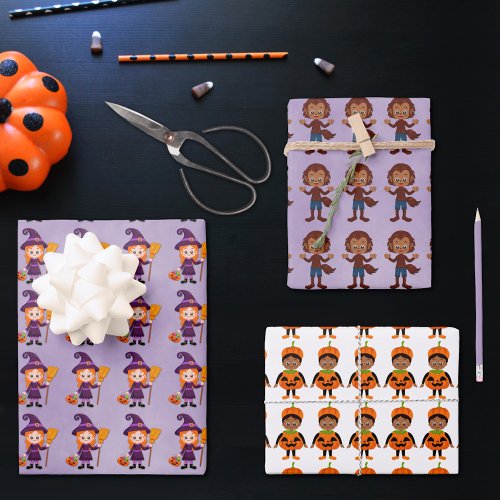 Kids Halloween Witch Werewolf Pumpkin Wrapping Paper Sheets