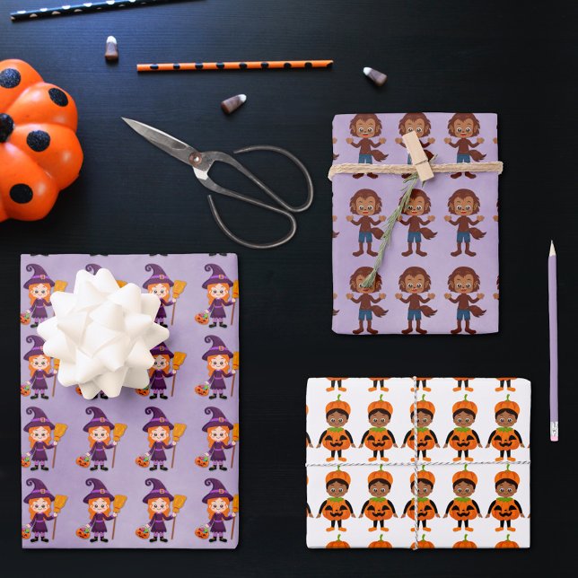 Kids’ Halloween Witch, Werewolf, Pumpkin Wrapping Paper Sheets (Creator Uploaded)