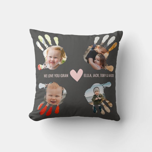 Kids Hand Print Photo Collage Love Granny Message Throw Pillow (Front)
