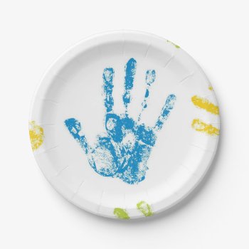 Kids Handprints In Paint Paper Plates by GroovyFinds at Zazzle