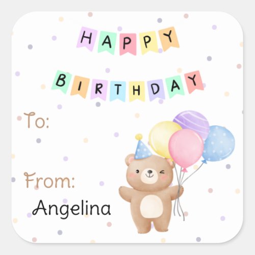 Kids Happy Birthday Bear Gift Label  Sticker