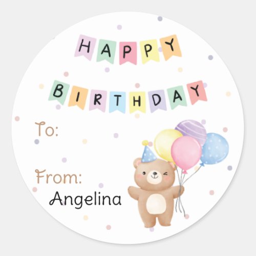 Kids Happy Birthday Bear Gift Label  Tag