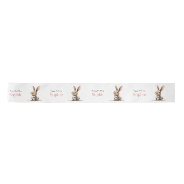 Kids Happy Birthday Cute Bunny Custom Satin Ribbon (Front)