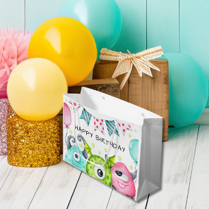 Kids Happy Birthday Cute Monsters Large Gift Bag