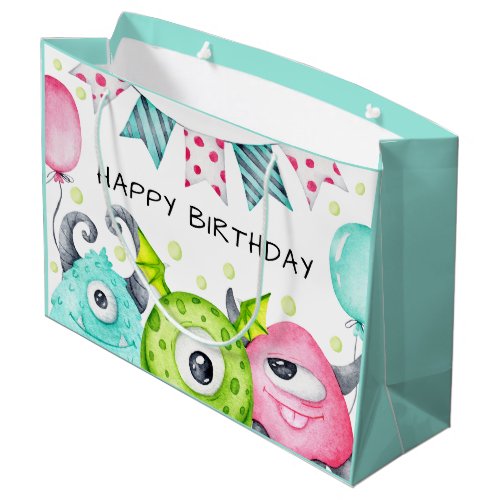 Kids Happy Birthday Cute Monsters Large Gift Bag