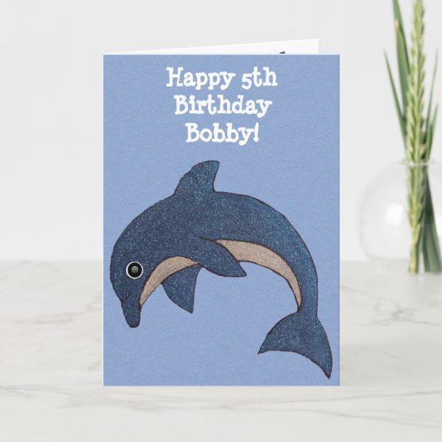 Kids Happy Birthday Fun Shiny Blue Jumping Dolphin Card (Front)