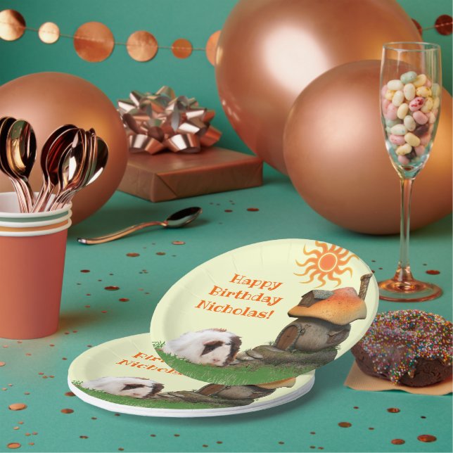 Kid's Happy Birthday Guinea Pig Mushroom House Paper Plates (Multi)