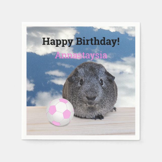 Kids Happy Birthday Guinea Pig Pink Soccer Ball Napkins (Front)