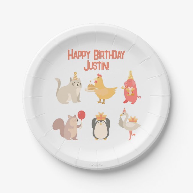 Kids Happy Birthday Party Animals Boys Safari  Paper Plates (Front)