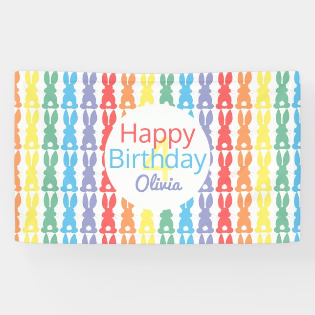 Kids Happy Birthday Rainbow Bunny Personalized Banner (Horizontal)