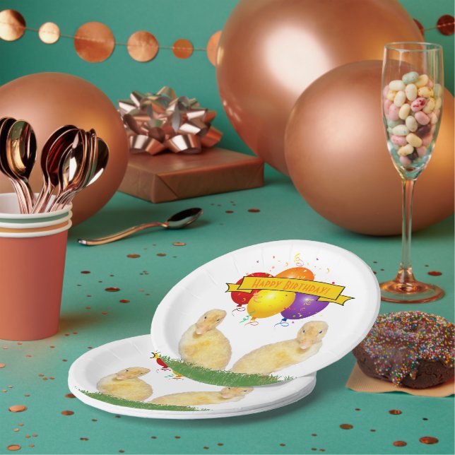 Kid's Happy Birthday Yellow Ducklings Balloons Paper Plates (Multi)