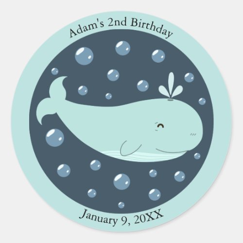 Kids Happy Blue Whale Under the Sea Birthday Classic Round Sticker
