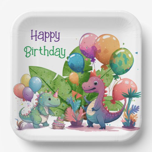 Kids Happy Dino Birthday Paper Plates