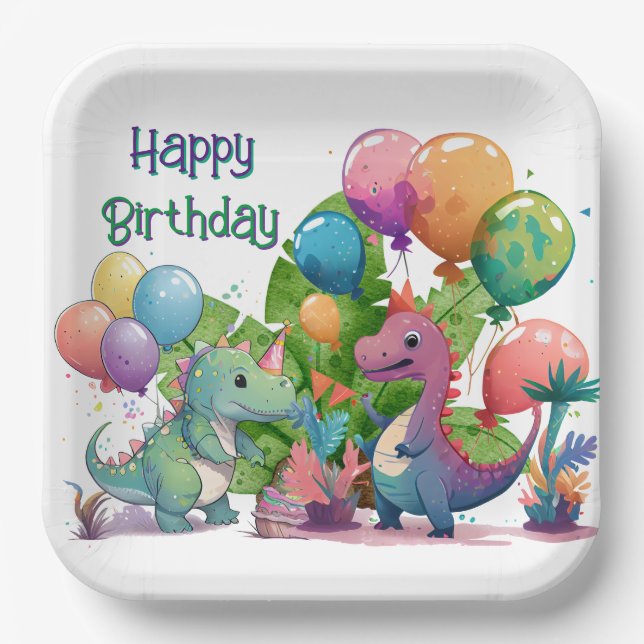 Kids Happy Dino Birthday Paper Plates (Front)