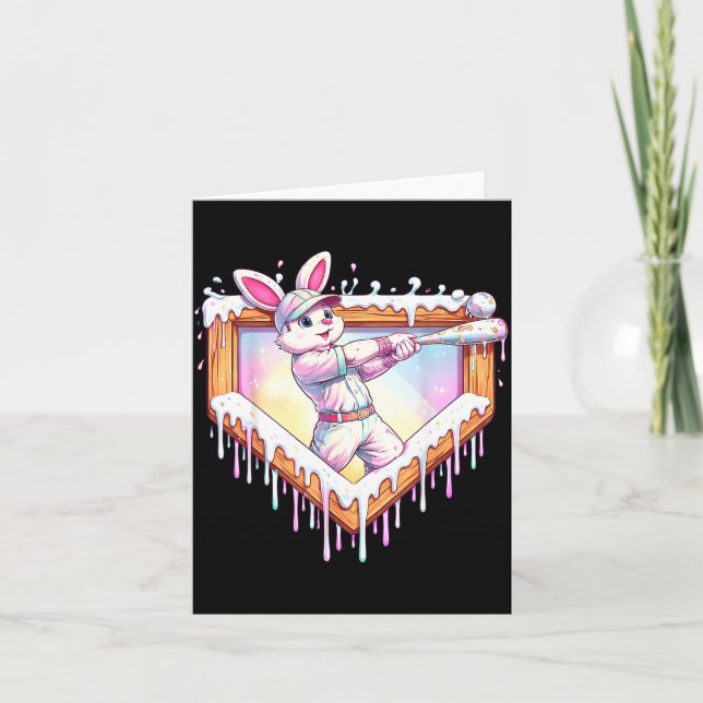 Kids happy easter bunny playing baseball boy ice card (Front)