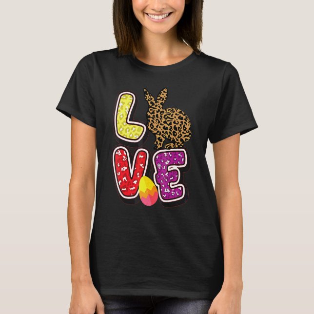 Kids Happy Easter Love Leopard Bunny Ears Funny Eg T-Shirt (Front)