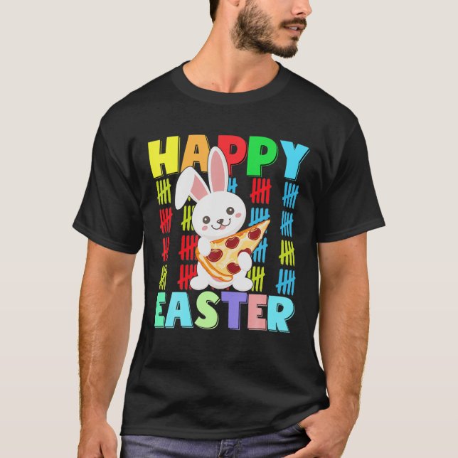 Kids Happy Easter Rabbit Pizza With Bunny Ears Fun T-Shirt (Front)
