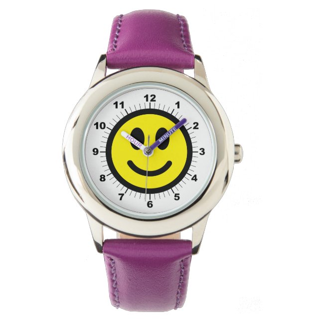 Kid's Happy Face Purple Leather Strap Watch (Front)