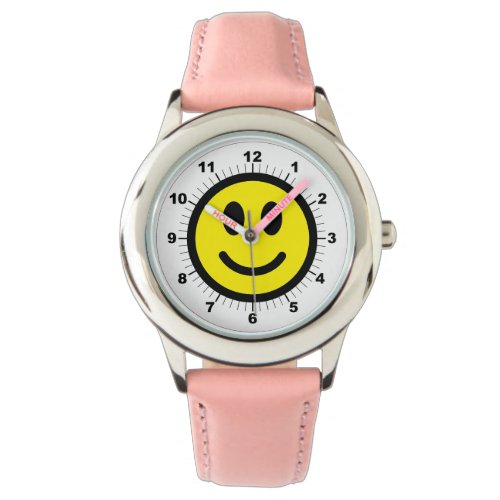 Kids Happy Face Stainless Steel Pink Hearts Watch