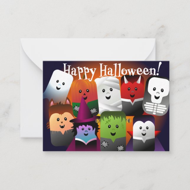 Kids Happy Halloween Cute Cartoon Monsters Note Card (Front)