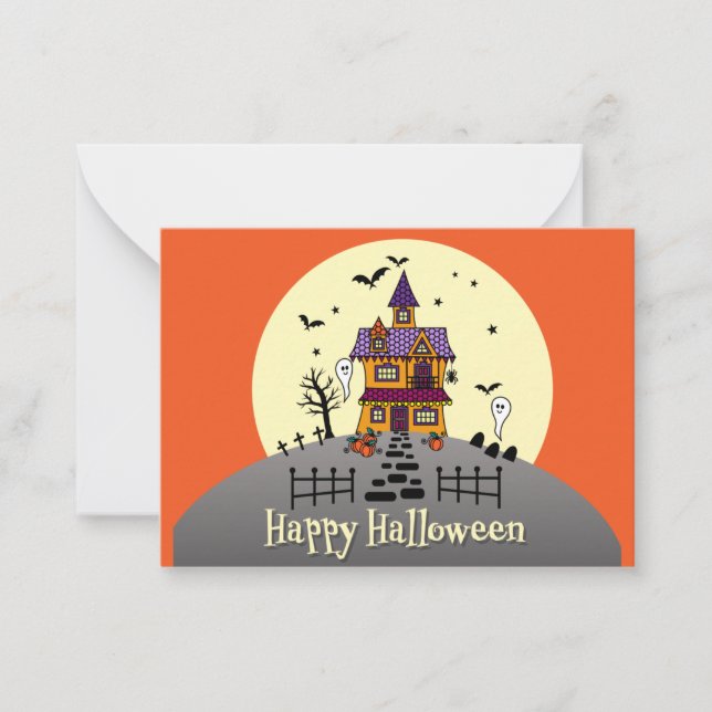 Kids Happy Halloween Haunted House Note Card (Front)