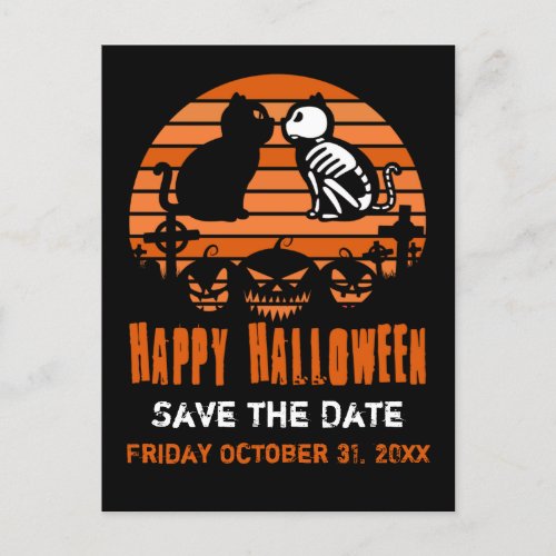 Kids Happy Halloween Skeleton Cat Retro Sunset Announcement Postcard