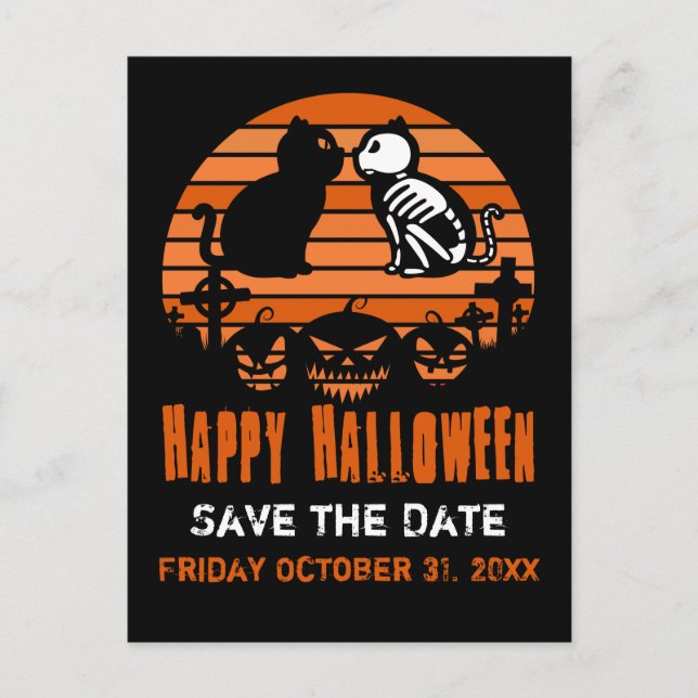 Kids Happy Halloween Skeleton Cat Retro Sunset Announcement Postcard (Front)