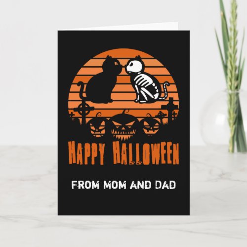 Kids Happy Halloween Skeleton Cat Retro Sunset Card