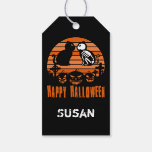 Kids Happy Halloween Skeleton Cat Retro Sunset Gift Tags