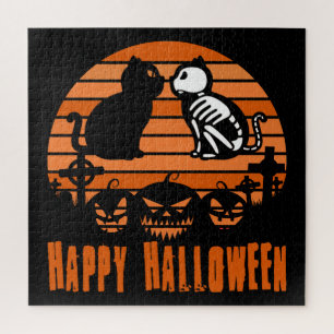 Kids Happy Halloween Skeleton Cat Retro Sunset Jigsaw Puzzle