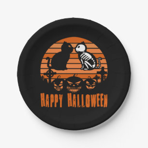 Kids Happy Halloween Skeleton Cat Retro Sunset Paper Plates