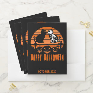 Kids Happy Halloween Skeleton Cat Retro Sunset Pocket Folder