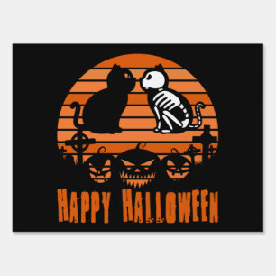 Kids Happy Halloween Skeleton Cat Retro Sunset Sign