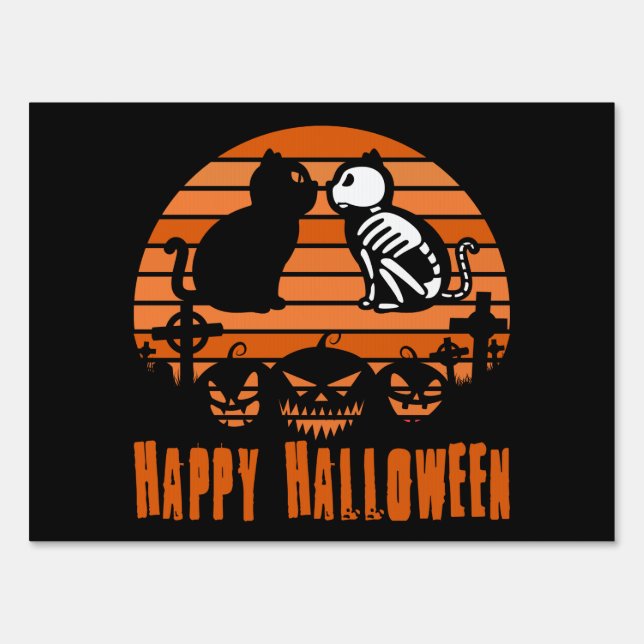 Kids Happy Halloween Skeleton Cat Retro Sunset Sign (Front)