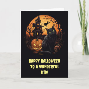 Kids Happy Halloween with Black Cats Pumpkins Card