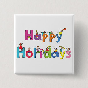 Kids Happy Holidays Stick Figure Typography Button