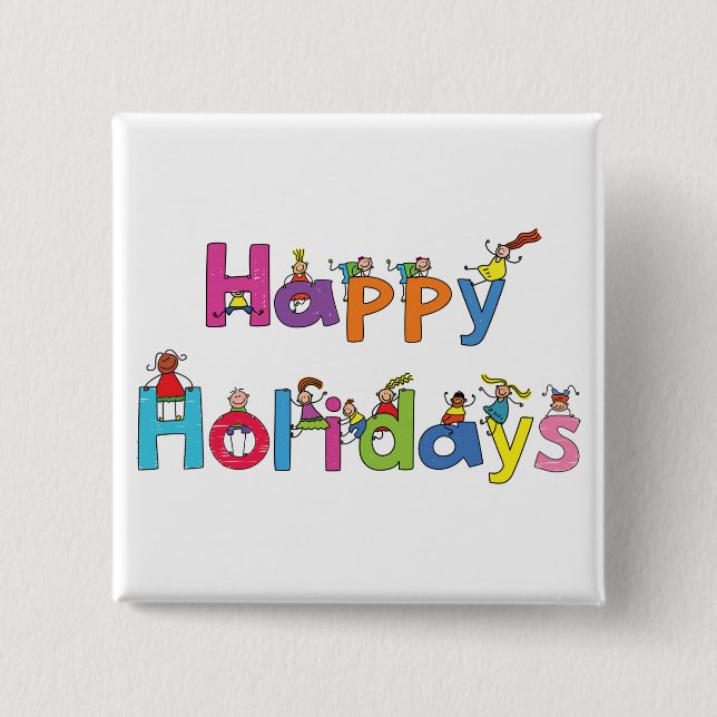 Kids Happy Holidays Stick Figure Typography Button (Front)