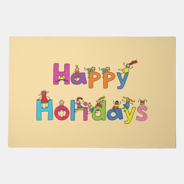 Kids Happy Holidays Stick Figure Typography Doormat (Front)