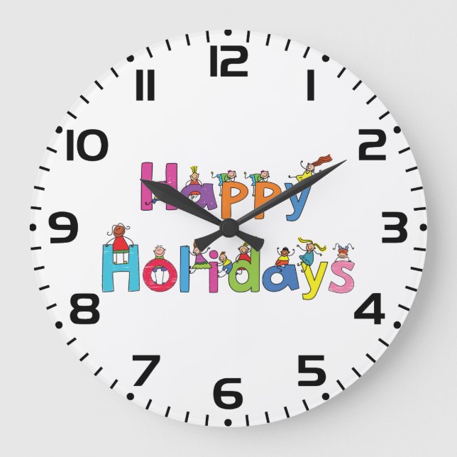 Kids Happy Holidays Stick Figure Typography Large Clock (Front)