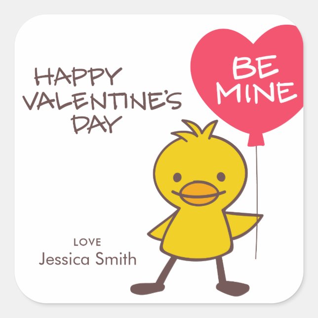 Kids Happy Valentine's Day Duckling BE MINE Square Sticker (Front)