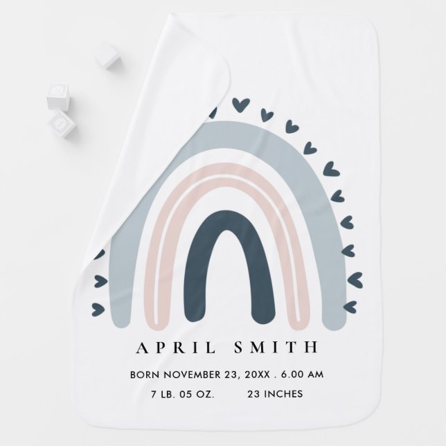 KIDS HEARTS BLUSH BLUE RAINBOW BABY BIRTH STATS BABY BLANKET (In Situ)