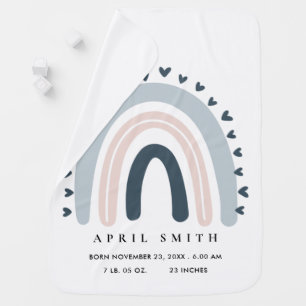KIDS HEARTS BLUSH BLUE RAINBOW BABY BIRTH STATS BLANKET