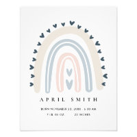 KIDS HEARTS BLUSH BLUE RAINBOW BABY BIRTH STATS PHOTO PRINT