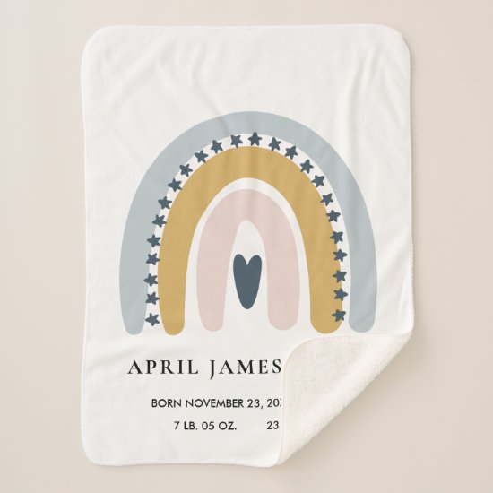 KIDS HEARTS BLUSH BLUE RAINBOW BABY BIRTH STATS SHERPA BLANKET