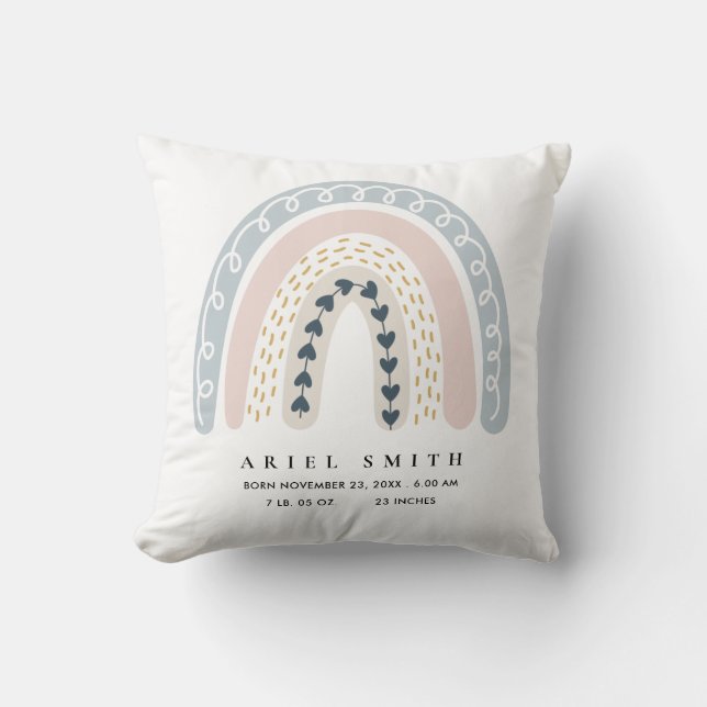 KIDS HEARTS BLUSH BLUE RAINBOW BABY BIRTH STATS THROW PILLOW (Front)
