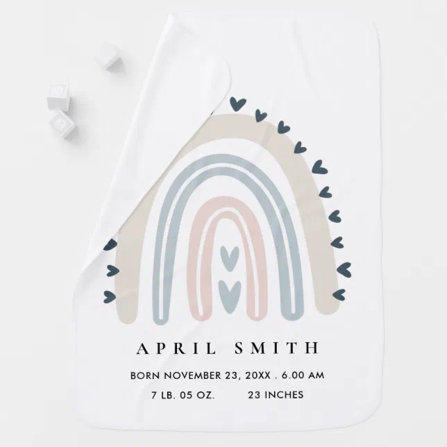 KIDS HEARTS OCHRE BLUE RAINBOW BABY BIRTH STATS BABY BLANKET Zazzle
