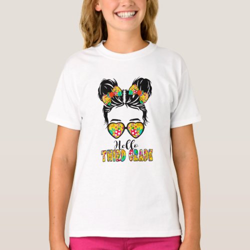 Kids Hello Third Grade Messy Bow Girls 3rd Grade  T_Shirt