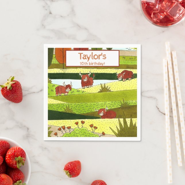 Kids Highland Cows Fall Farm Birthday Party Napkins (Insitu)